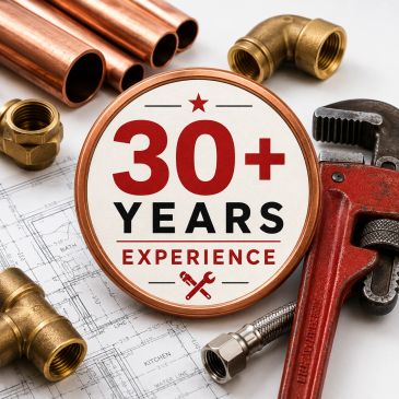 Plumbing tools and 30+ years experience badge.