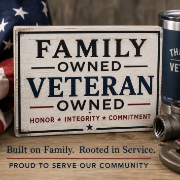 Sign highlighting family and veteran ownership with patriotic values.