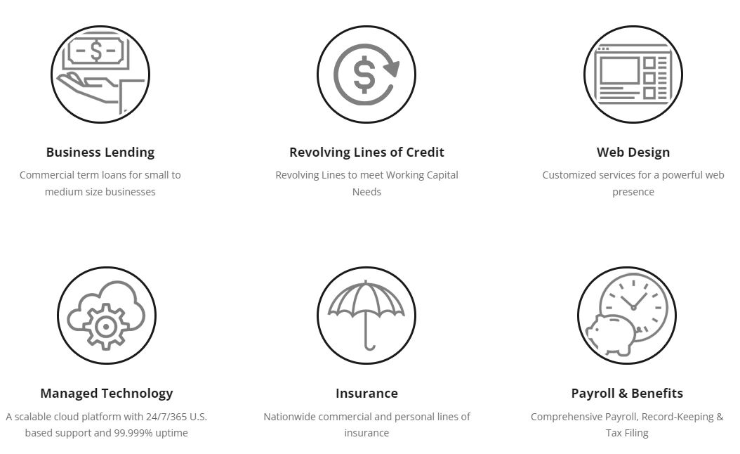 Business Lending, Revolving Lines of Credit, Web Design, Managed Technology, Insurance, Payroll
