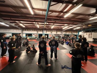 Martial arts class in session with students and instructors gathered on mats.