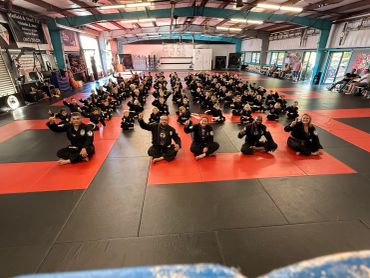 Large martial arts class sitting on mats, all raising one finger.