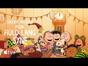 Peanuts characters celebrating with Snoopy in a festive room for Auld Lang Syne.
