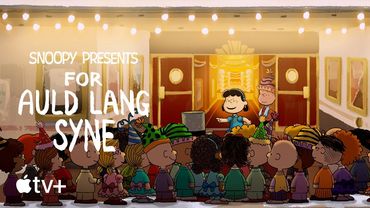 Peanuts characters gather for a festive event titled 'Snoopy Presents For Auld Lang Syne' on Apple TV+.