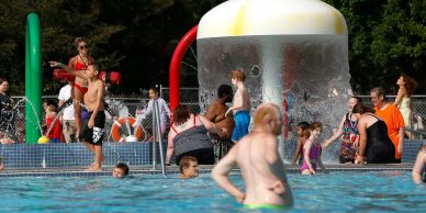 People enjoying a sunny day at a crowded outdoor pool.