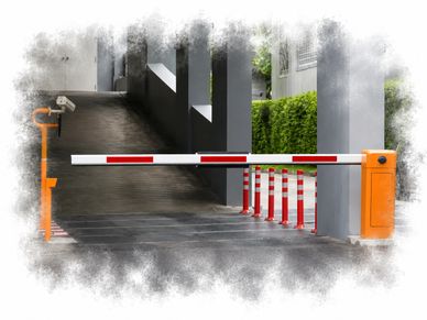 Security barrier blocking vehicle access to a ramp with surveillance camera.