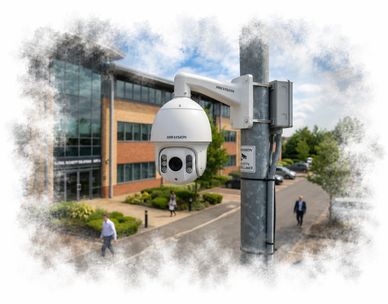 Hikvision security camera monitoring an office parking area.
