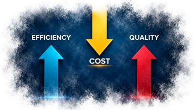 Arrows showing efficiency and quality increasing while cost decreases.
