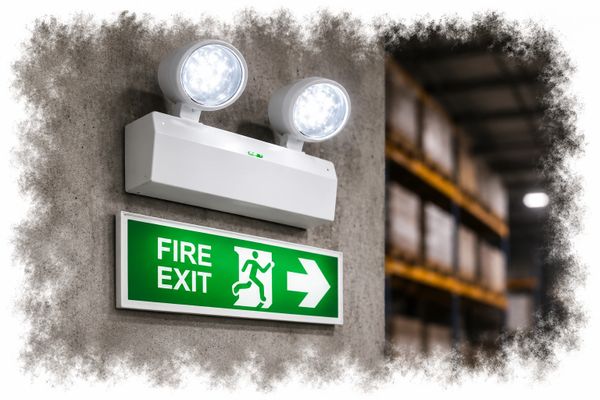 Illuminated fire exit sign with emergency lights on a concrete wall.