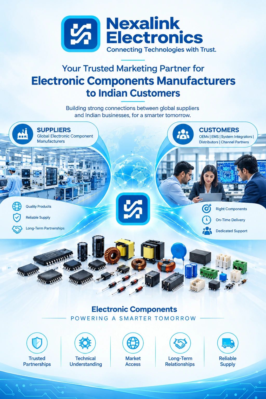 Nexalink Electronics connects suppliers and customers for electronic components in India.