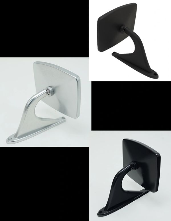 Two square side mirrors in silver and black finishes.