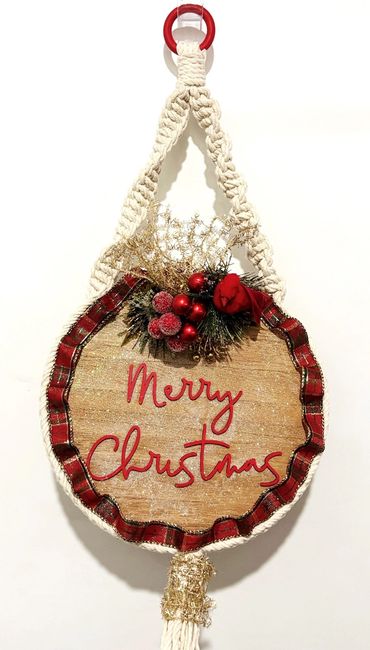 Red Plaid Cardinal Merry Christmas Macrame - $40
10".5" plaque, 27" long
Item: RPLAIDCARDMAC