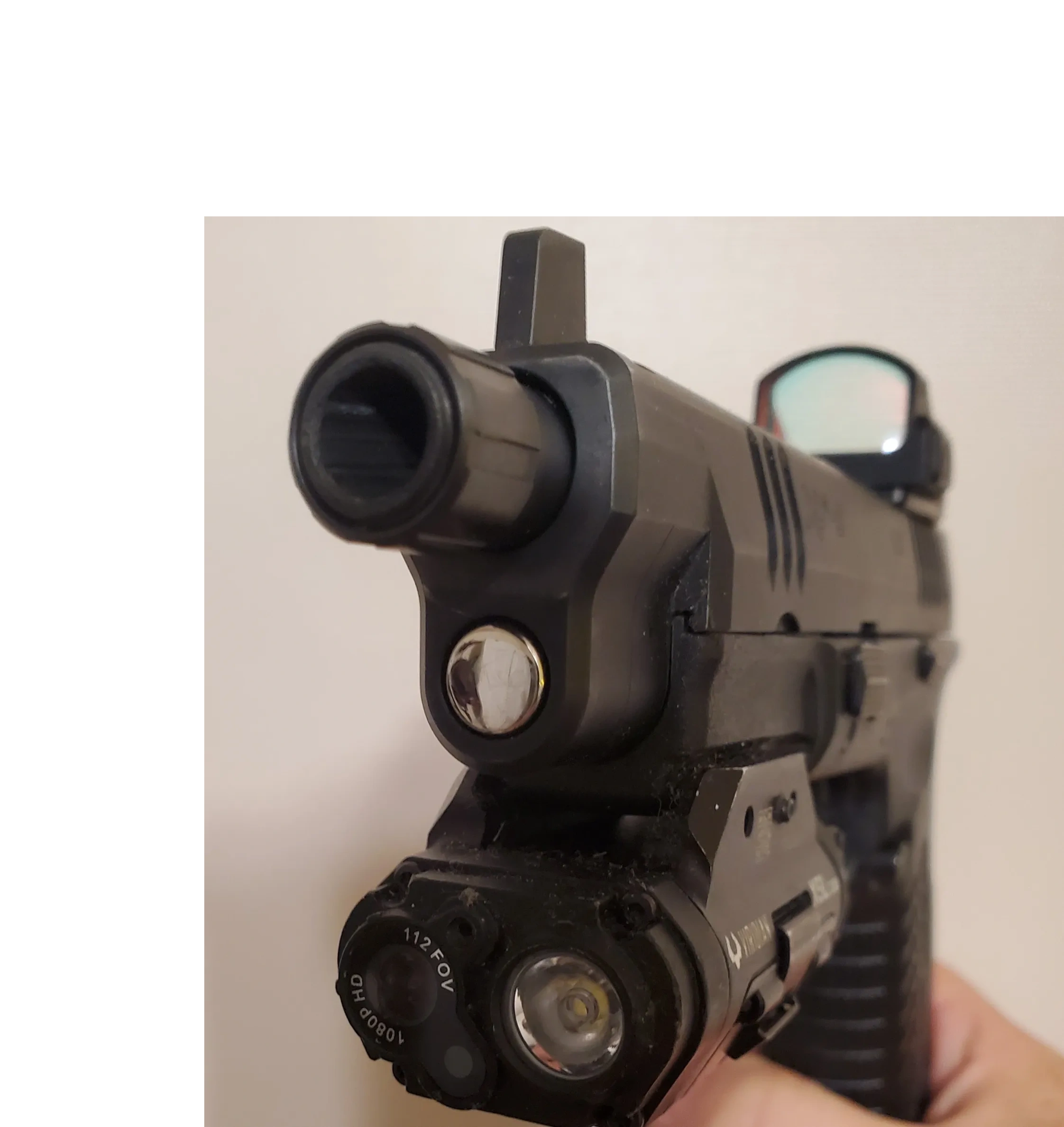 XDM 9mm Custom with Auto Camera, Light, Laser and Microphone mounted on rail.