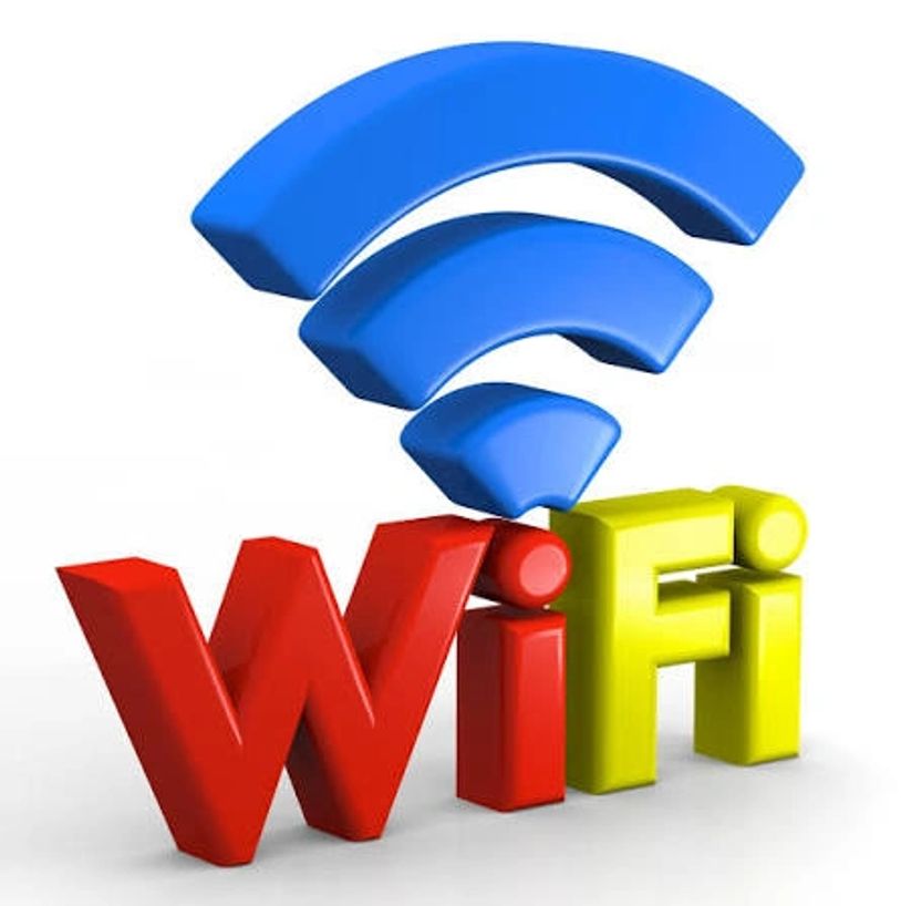 3D colorful WiFi text with signal waves above it.