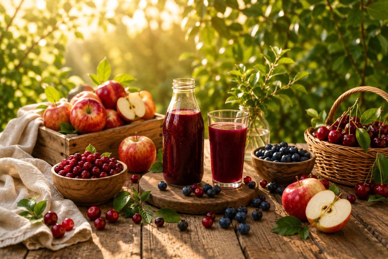 Fresh fruit and berry juice with apples, cherries, cranberries, and blueberries on a rustic table.
