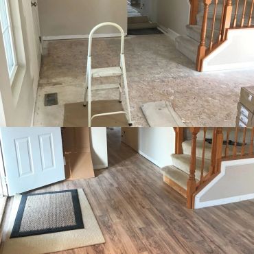 Home renovation showing old and new flooring with a step ladder in the middle.