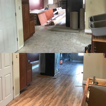 Before and after image of a kitchen floor renovation.