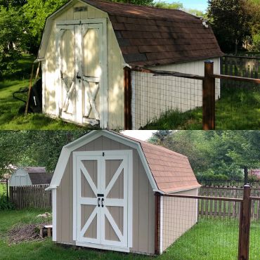 Comparison of old and new garden sheds in a backyard.