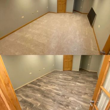 Empty room before and after flooring change, carpet replaced by wood-like vinyl.