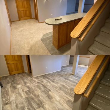 Basement rooms before and after flooring change.