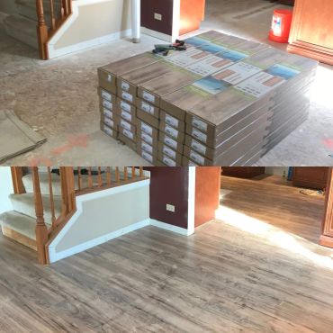 Before and after images of a home flooring renovation with new wood-look laminate installed.