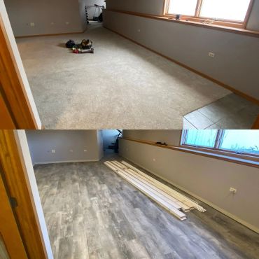 Room transformation from carpet to wood-like flooring with tools and materials.