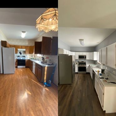 Side-by-side comparison of a kitchen before and after renovation with new flooring and cabinets.