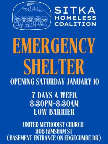 Announcement for Sitka Homeless Coalition's emergency shelter opening.