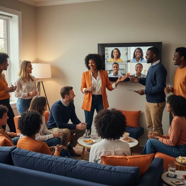 A group meeting with some participants joining via video call on a TV screen.