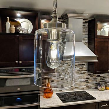 Kitchen remodel project in Edgerton, WI. MDR Team. Pendant light from Visions Lighting.