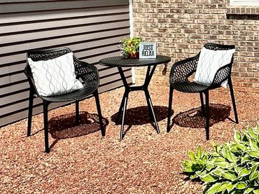 front yard greeting area of a vacation rental in Janesville, WI decorated by the MDR Design Team