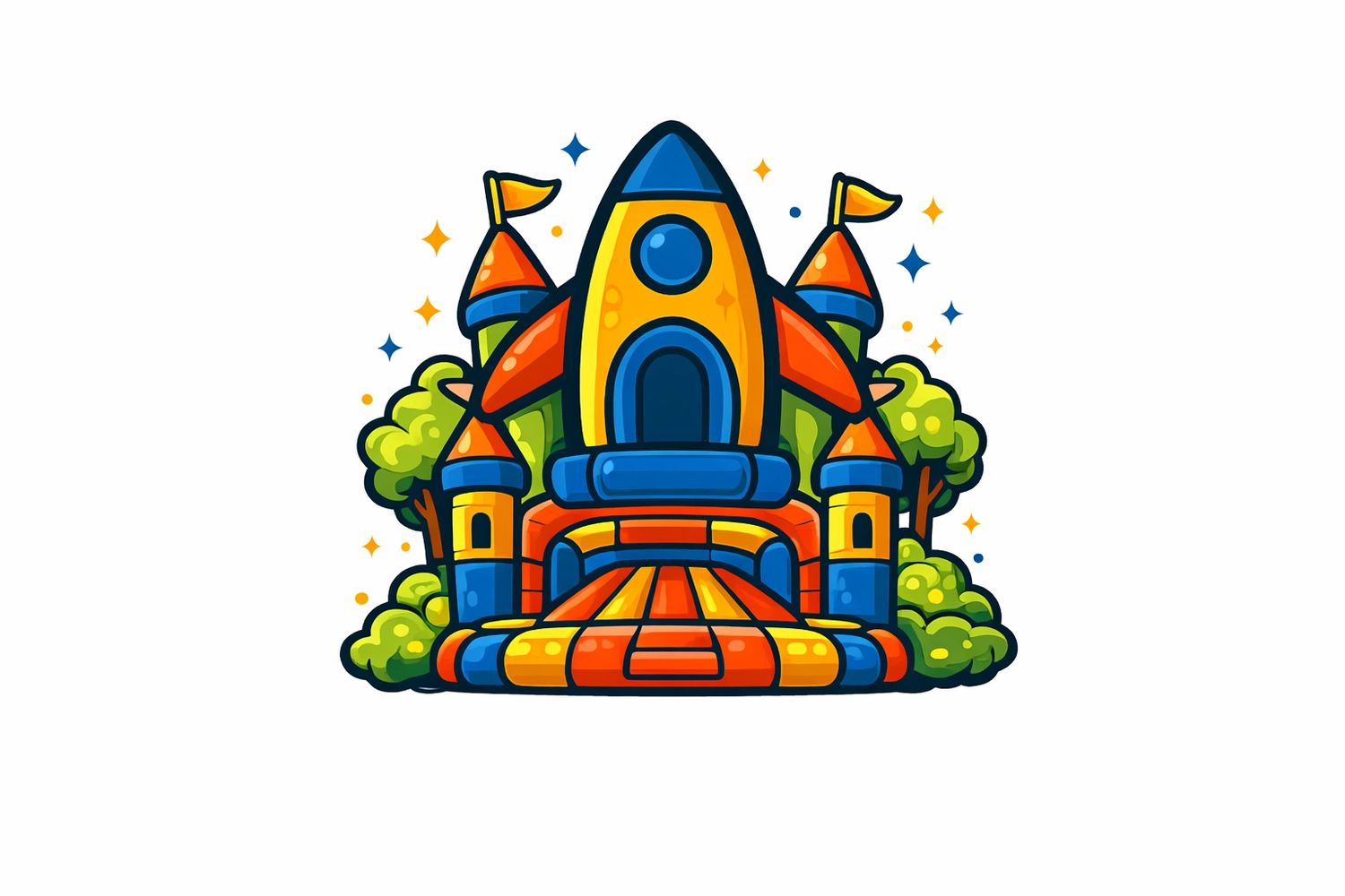 Colorful rocket-themed inflatable bounce house with trees in background.