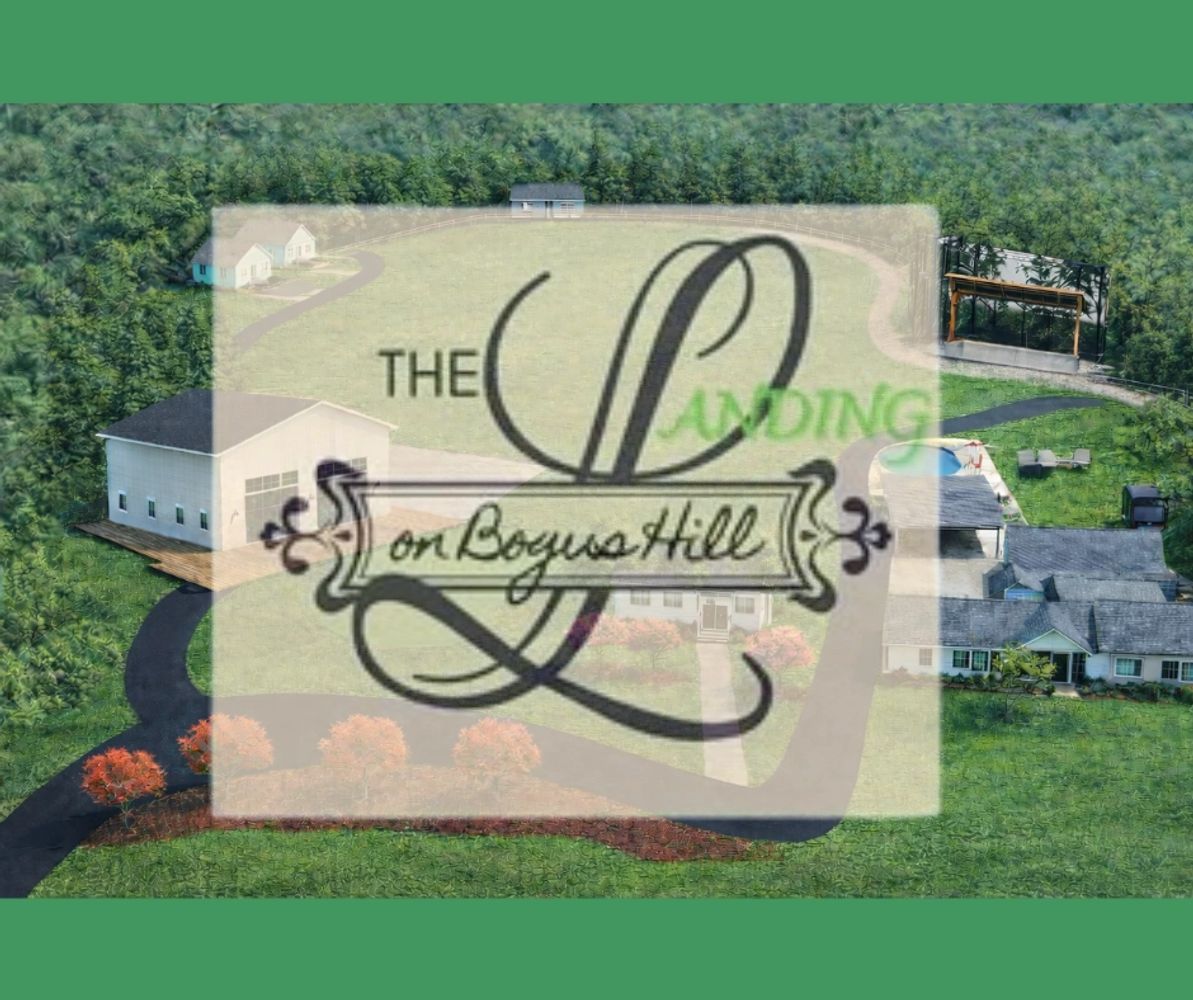 Aerial view of a countryside estate with logo overlay 'The Landing on Boyce Hill'.