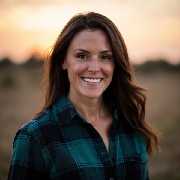 Smiling woman in a green plaid shirt at sunset outdoors.