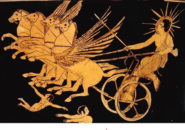 Ancient Greek artwork of a winged horse chariot.