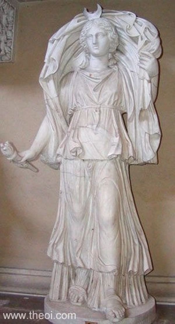 Marble statue of a draped female figure with a crescent moon crown.