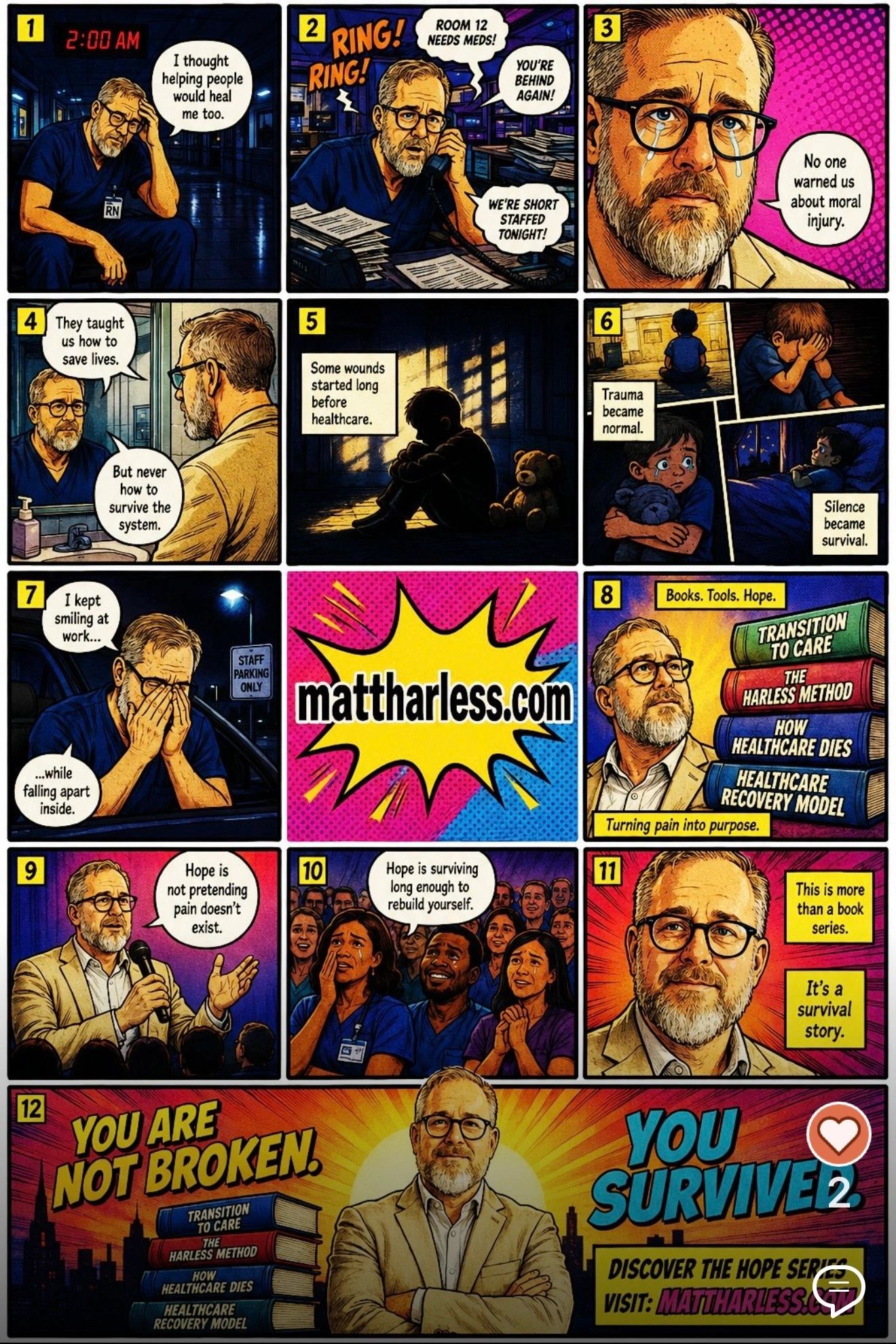 Comic strip about healthcare worker's struggle and hope for survival.