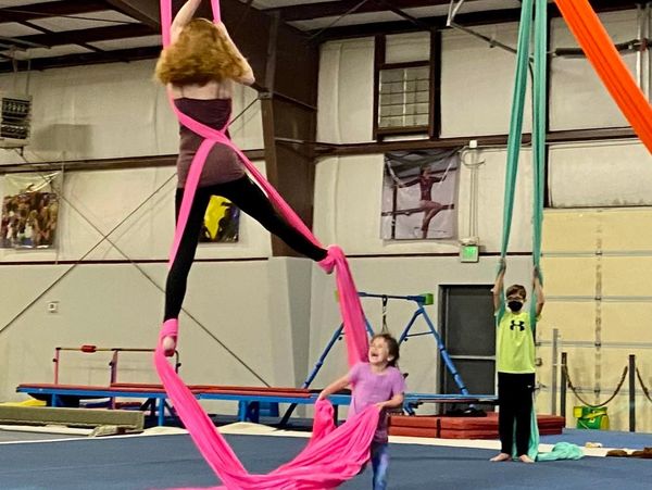 Collage of aerial silk exercises.