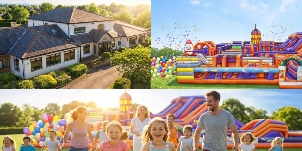 A lively inflatable obstacle course party with kids and adults outdoors.