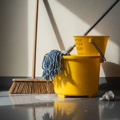 A mop dripping water into a yellow bucket beside a broom and a crumpled cloth.