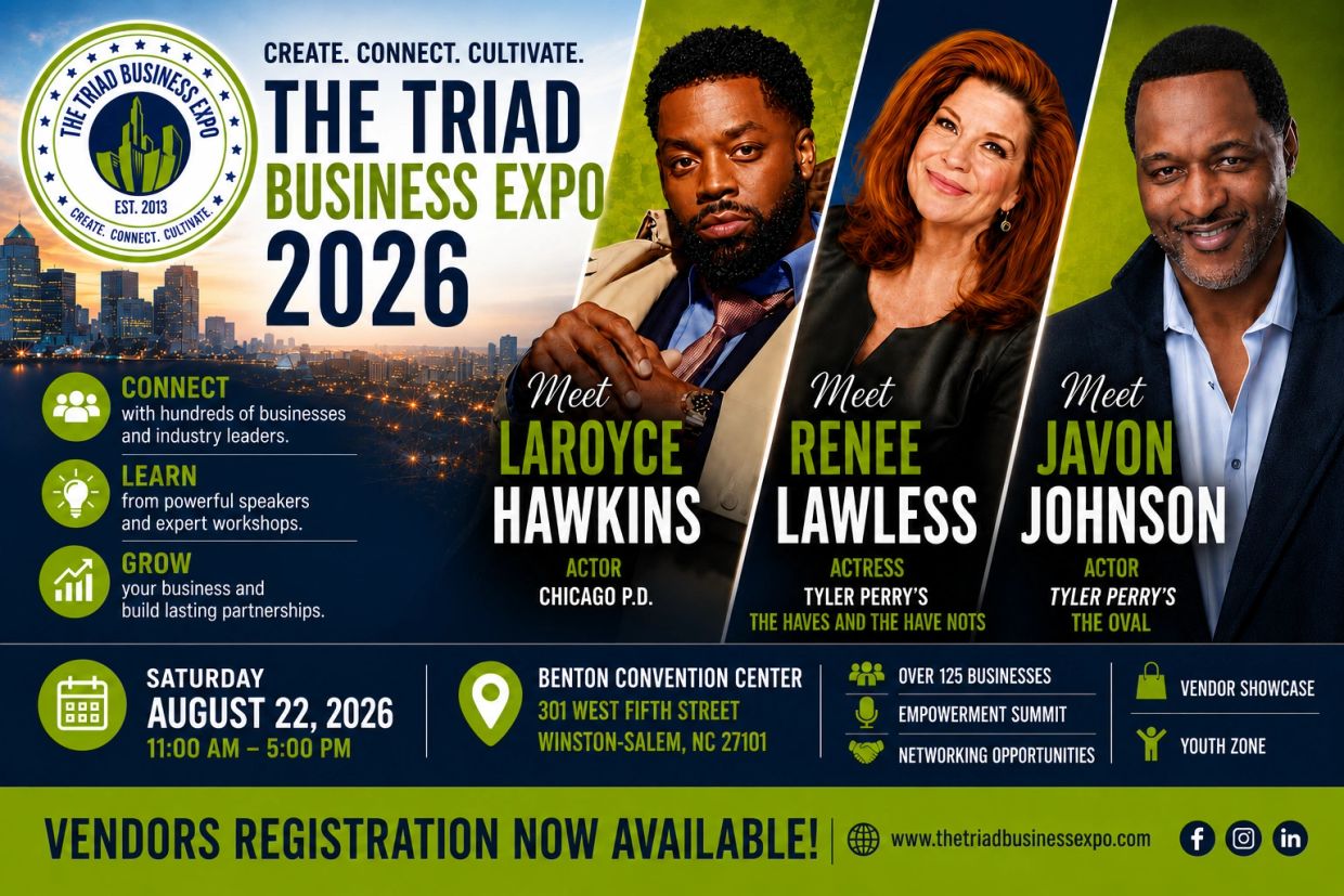 Promotional poster for The Triad Business Expo 2026 with speakers and event details.