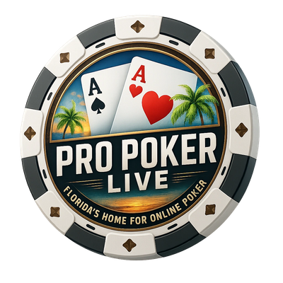Poker chip logo with aces and palm trees.