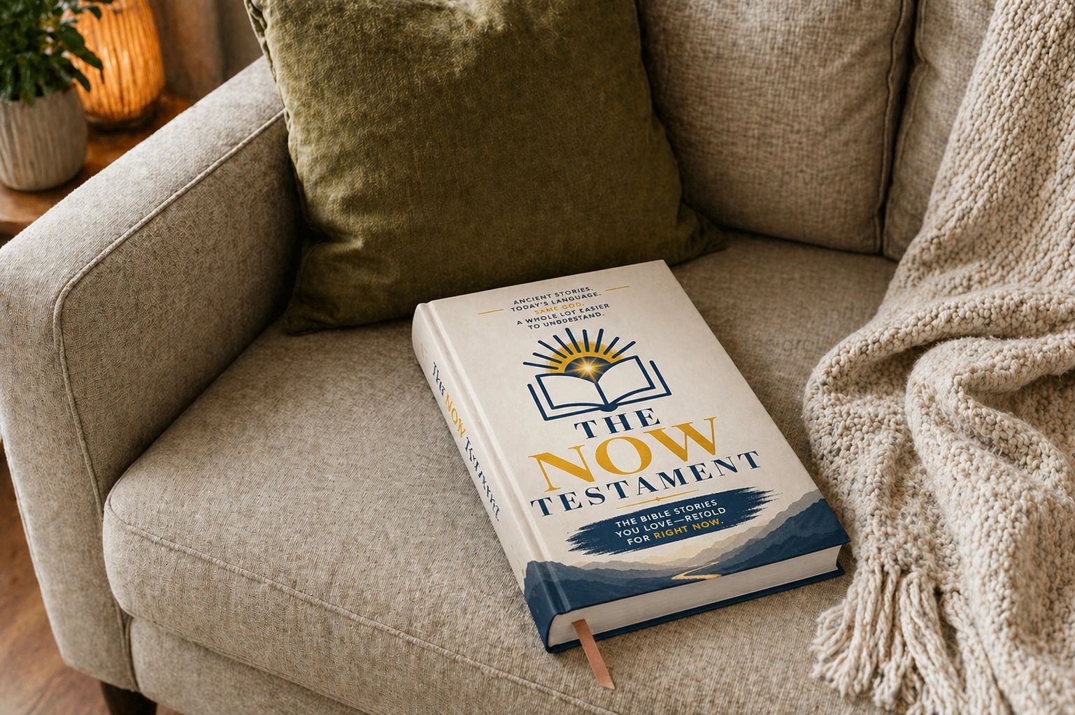 A book titled 'The Now Testament' lies on a beige couch with a green pillow and a knitted blanket.