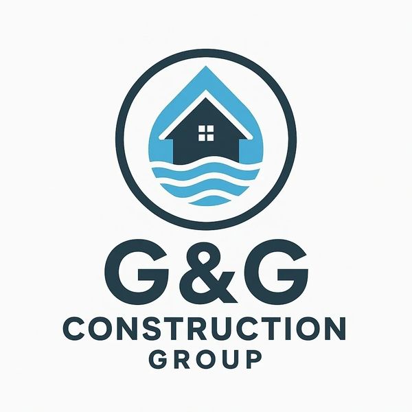 Logo of G&G Construction Group featuring a house and water drop design.