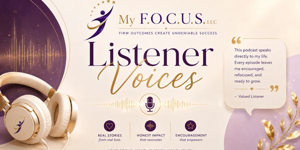 Podcast promotion with headphones and listener testimonial graphic.