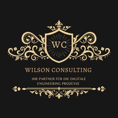 Elegant gold and black logo for Wilson Consulting with ornate design and shield.