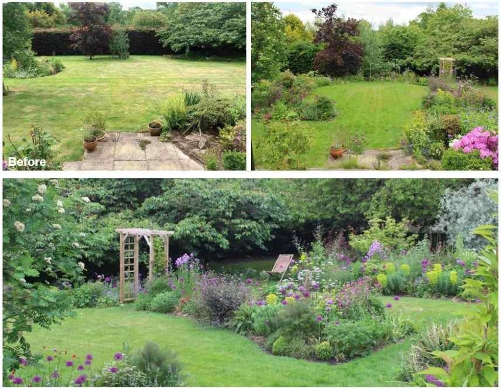 Garden transformation with lush greenery and flowers.