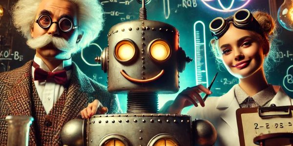 Two scientists and a smiling robot in a lab with chalkboard equations.
