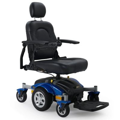 A modern blue and black electric wheelchair with cushioned seat and armrests.