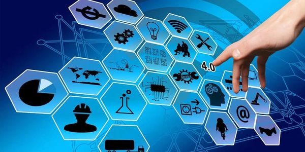 Hand interacting with digital technology icons on a blue background.
