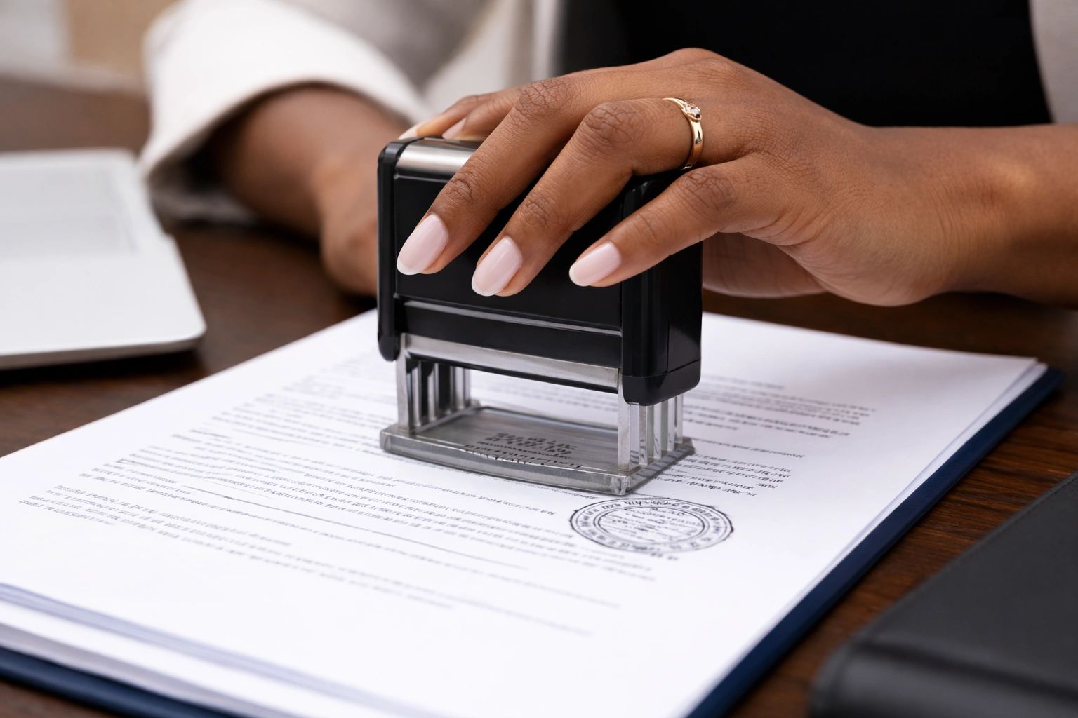 Hand stamping a document with a legal seal for official approval.